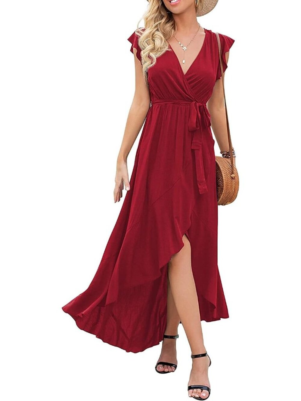 Women's Wine Red Boho Beach Vacation Wrap V Neck Summer Long Casual Maxi Dress